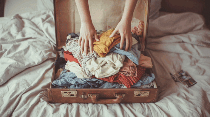 Overpacked suitcase overflowing with clothes — the chaos before learning smart packing tips for the holidays