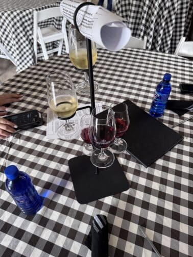 a group of wine glasses on a table