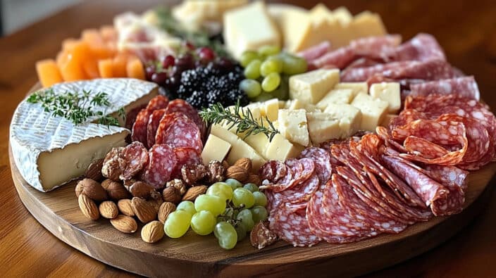 a platter of food on a wooden surface