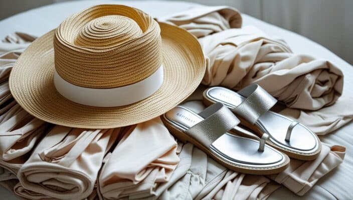 a hat and sandals on a bed