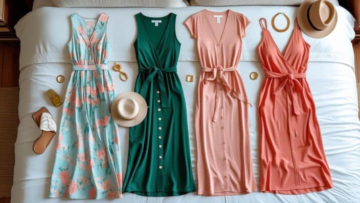 a group of dresses on a couch