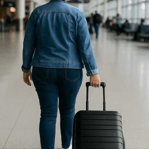 a woman walking with a suitcase
