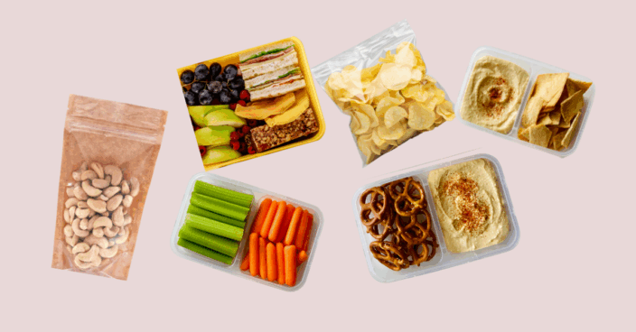 a group of plastic containers with different foods