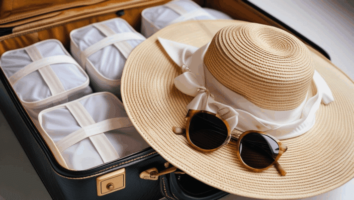 a hat and sunglasses in a suitcase