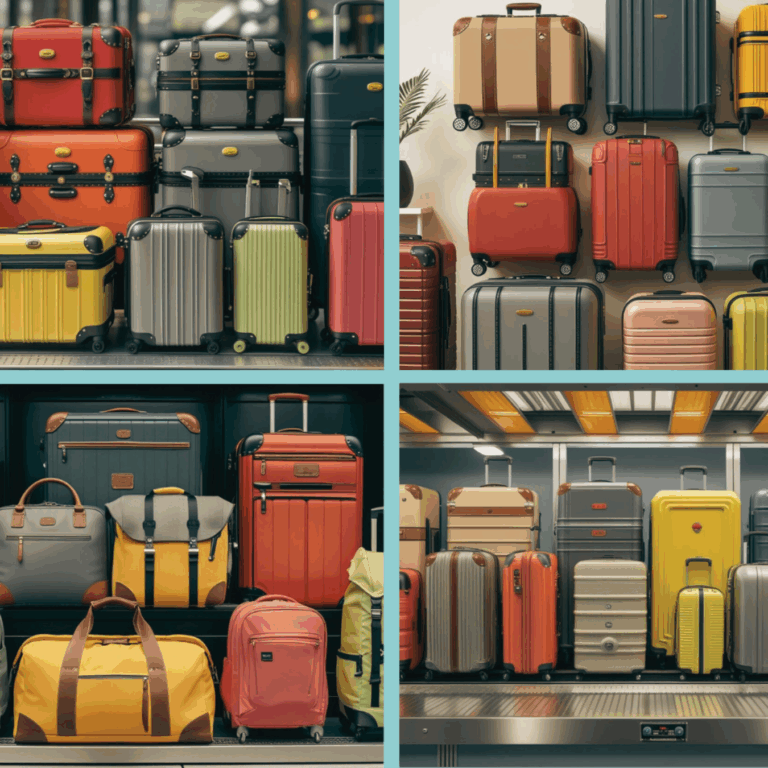 a group of luggage on a shelf
