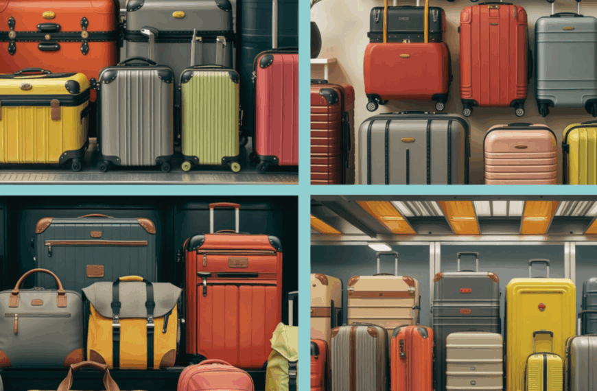 a group of luggage on a shelf