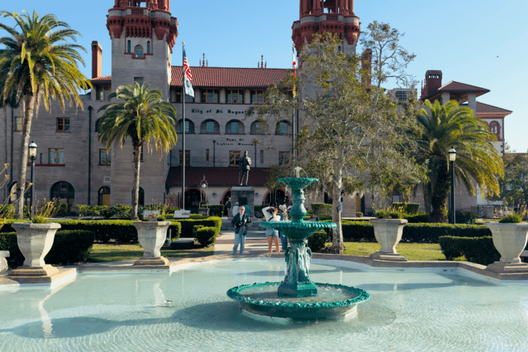 Fountain in front of historic building