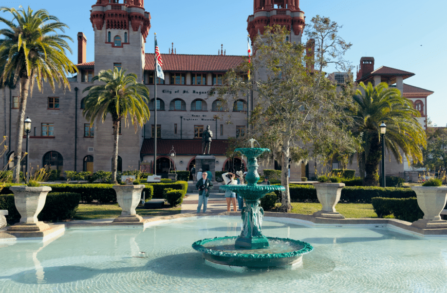 Fountain in front of historic building