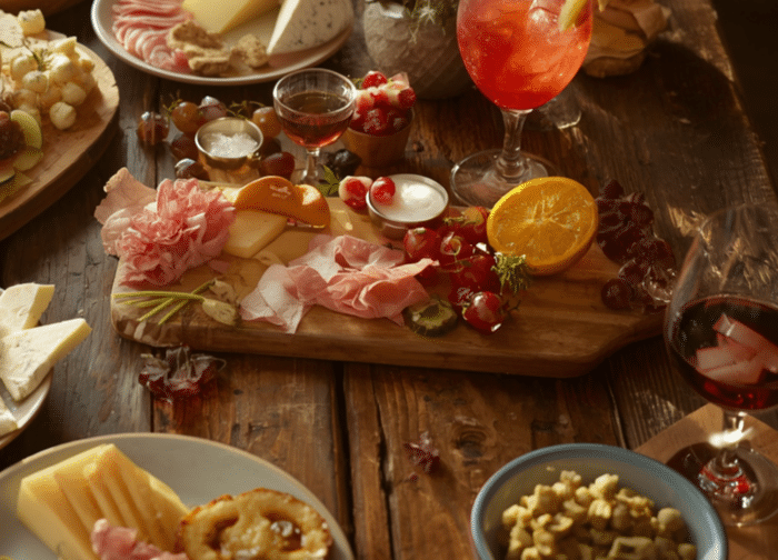 Charcuterie board with drinks and fruits